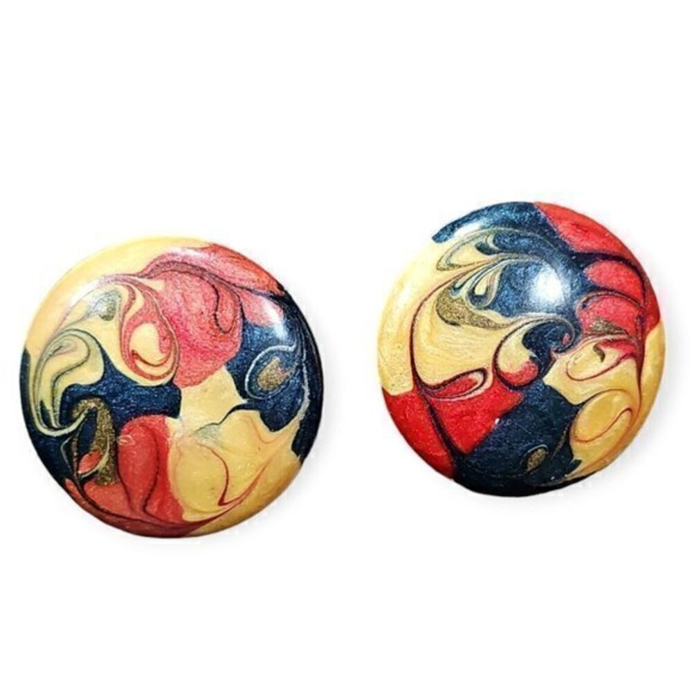 Vintage Tie Dye Red‎ White & Blue Round Circular Earrings 1 Inch Diameter